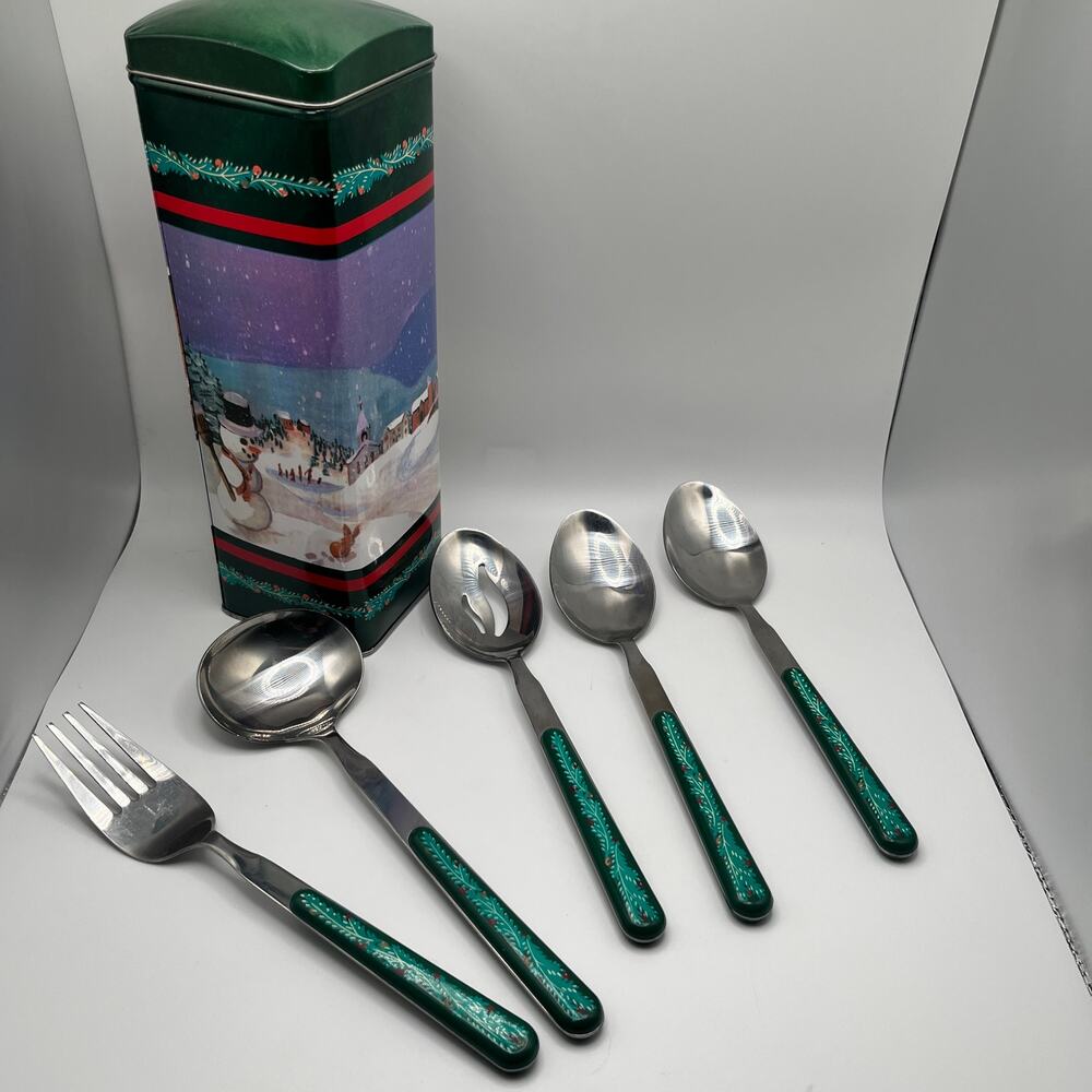Oneida Christmas Green Garland Flatware and Tin 6-Piece Lot Green Holiday Handle